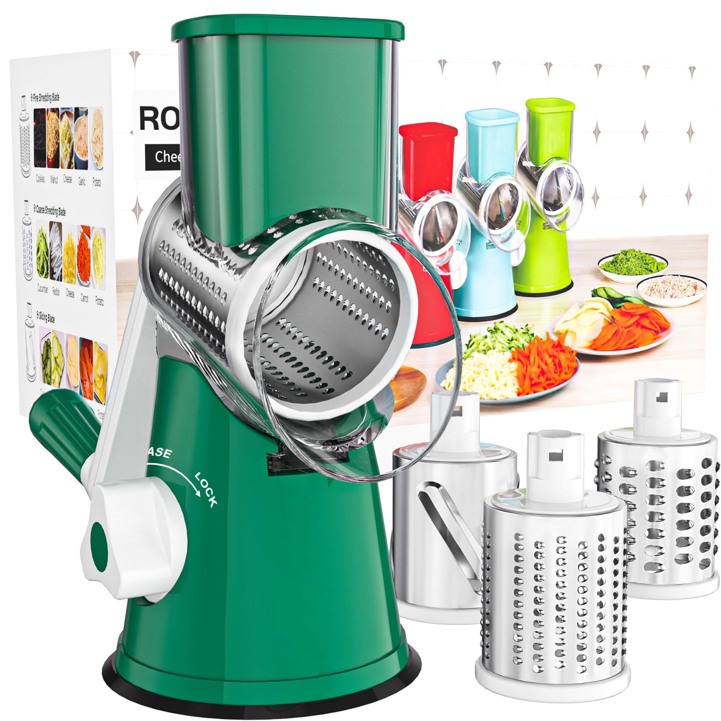Cambom Rotary Cheese Grater Hand Crank Cheese Shredder for Fresh Cheese, Vegetable, Nuts,Non-slip Suction Base，Three Blades,Blue