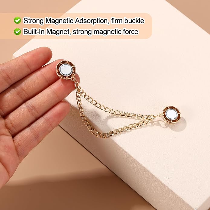 6pcs Magnetic Clothing Clips with Chain, Multi-Function Magnet Button Pins Hijab Cuff Clips for Fixing Hem of Clothes Long Pants Legs Sleeves of Shirts