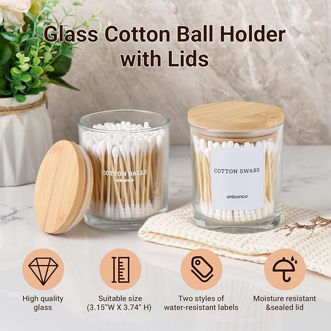 Glass Qtip Holder 2 Pack , Qtip Holder Dispenser Bathroom Set Bathroom Organizers and Storage Q tip Holder with Lid Makeup Storage Organizer for Cotton Swabs,Cotton Balls,Pads,Floss Picks Transparent