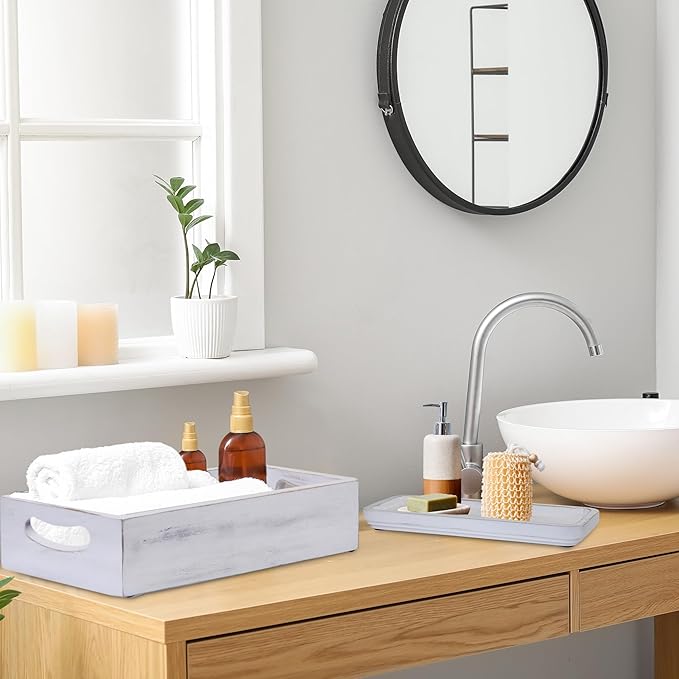 Toilet Tank Tray for Modern White Bathroom Decor Set of 2 Acacia Toilet Tank Topper Paper Storage Decorative Organizer Box Wood Vanity Tray for Counter Decor Dresser Tops (White)