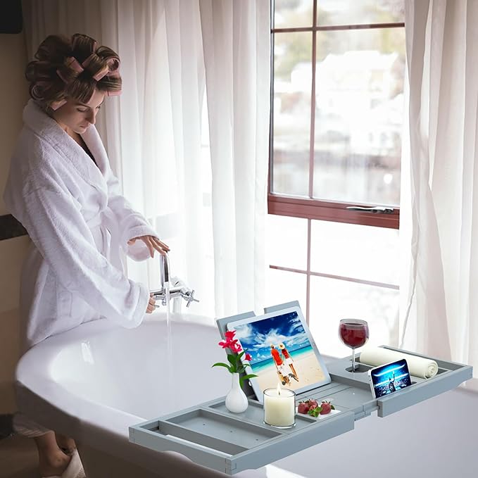 Premium Bathtub Caddy Tray - Bath Tray - Bath Tub Tray Table for Bathtub - Bath Caddy Tray for Bathtub, Expandable Size, Fits Most Bath Tubs - Grey