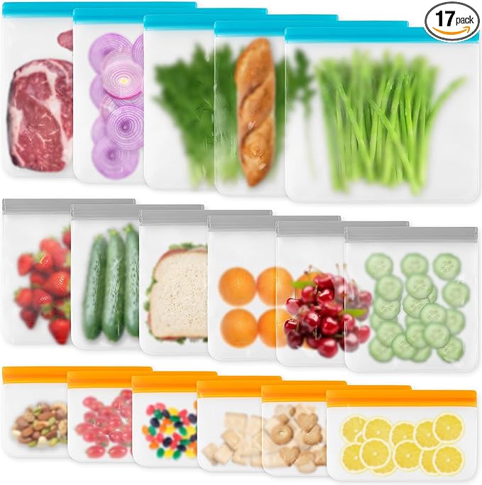 17 Pack Reusable Freezer Bags Dishwasher Safe, Leakproof Food Storage Bags, Silicone Bags for Food Storage Home Organization (6 Reusable Snack Bags 6 Sandwich Bags 5 Gallon Freezer Bags)