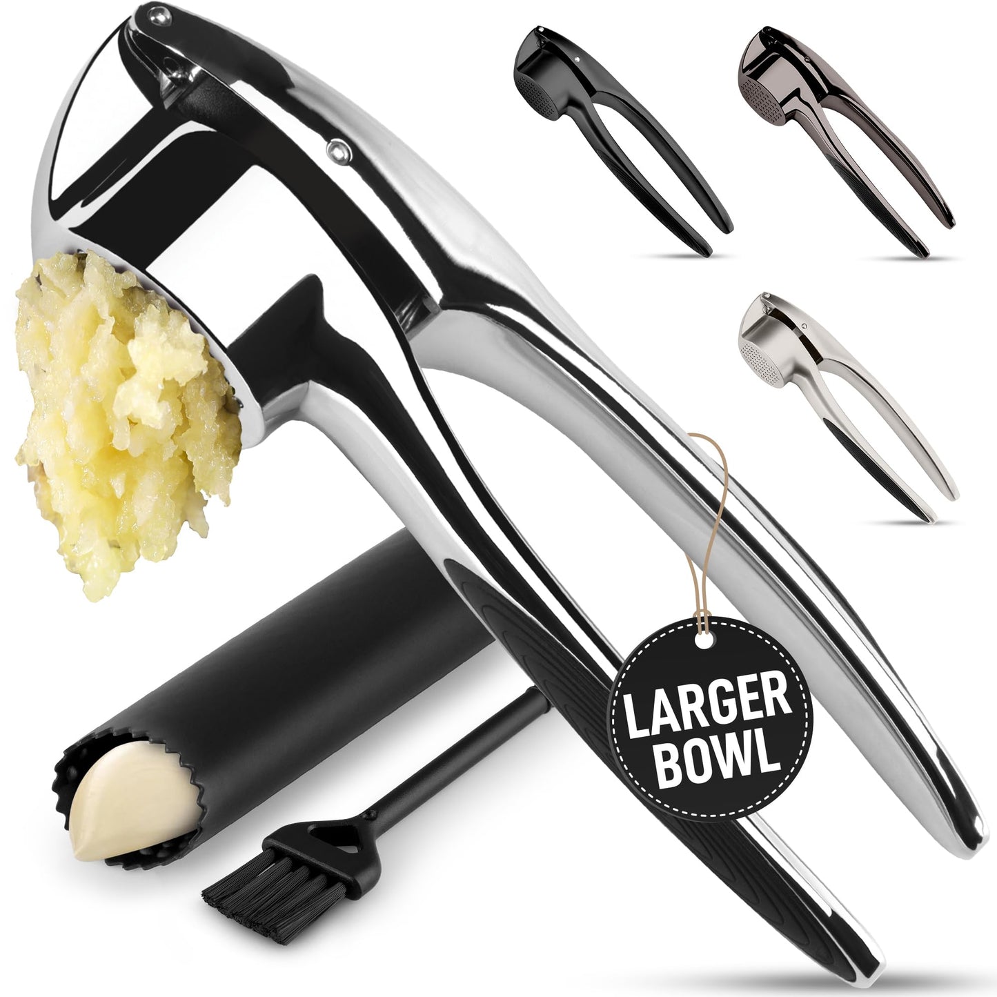 Zulay Kitchen Premium Garlic Press Set – Rust Proof & Dishwasher Safe Garlic Mincer Tool with Silicone Garlic Peeler & Brush, Easy Squeeze & Clean, Ergonomic Soft Grip Handle - Medium – Chrome