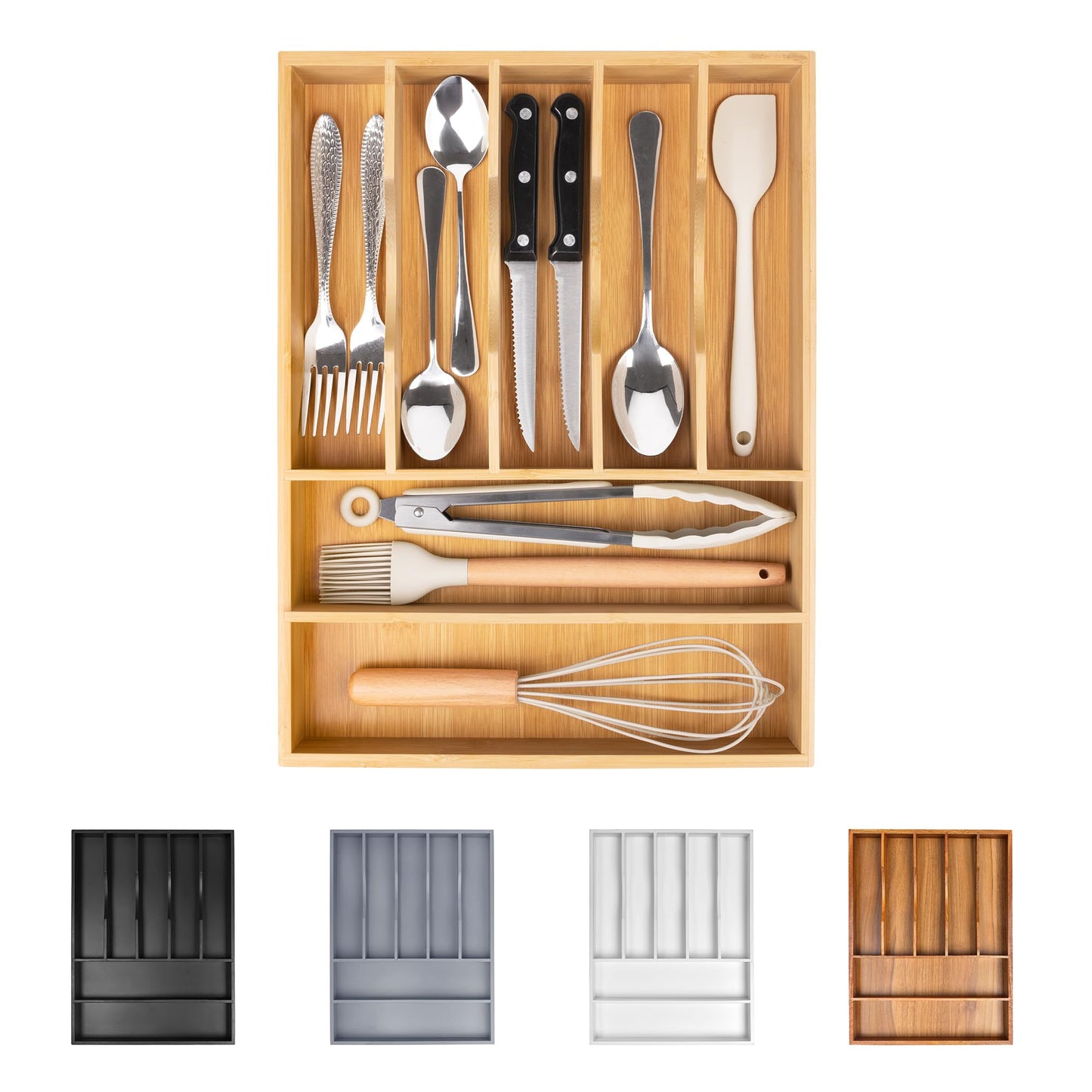 Bellsal Large Premium Acacia Wood Silverware Organizer - Expandable Utensil Drawer Organizer - 17"x19.6" Utensil Holder and Cutlery Tray with Grooved for Kitchen Flatware Utensils(7-9 Slot, Acacia)