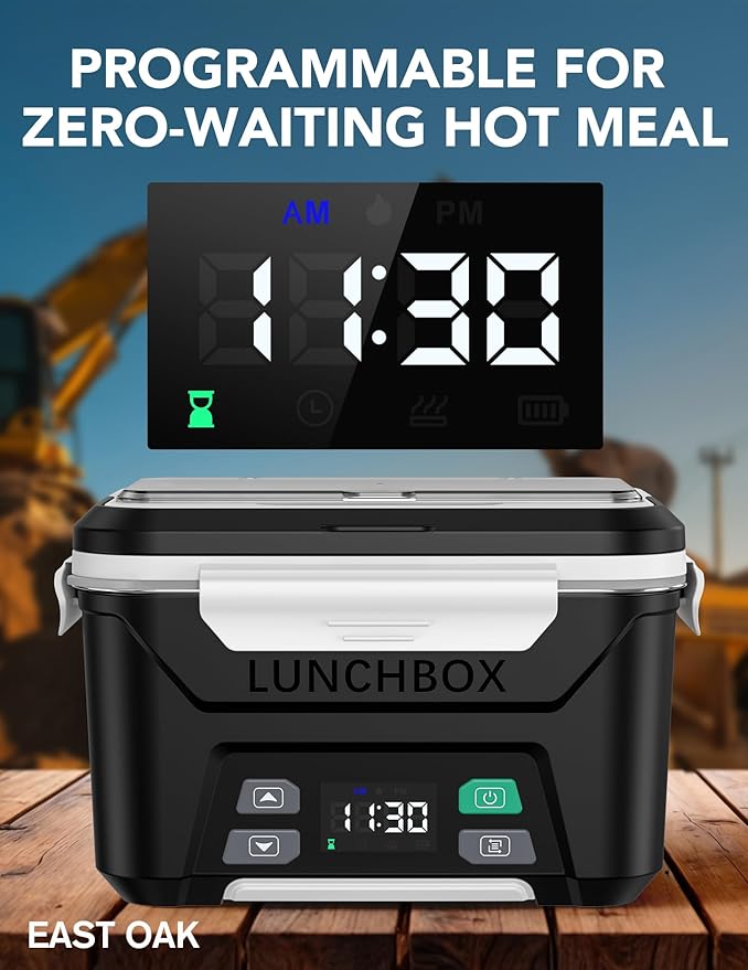 EAST OAK Cordless Electric Lunch Box for Adults, Heated Lunch Box Battery Powered with Automatic Heating, 5.5 Cups Portable Food Warmer with Removable Tray Divider