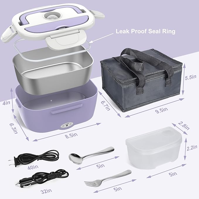 Vabaso Electric Lunch Box Food Heater, Electric Heating Lunch Boxes Lunch for Adults/Men/Car/Truck, 80W 1.5L Removable 304 Stainless Steel Container, 110V/12V/24V, with Fork & Spoon