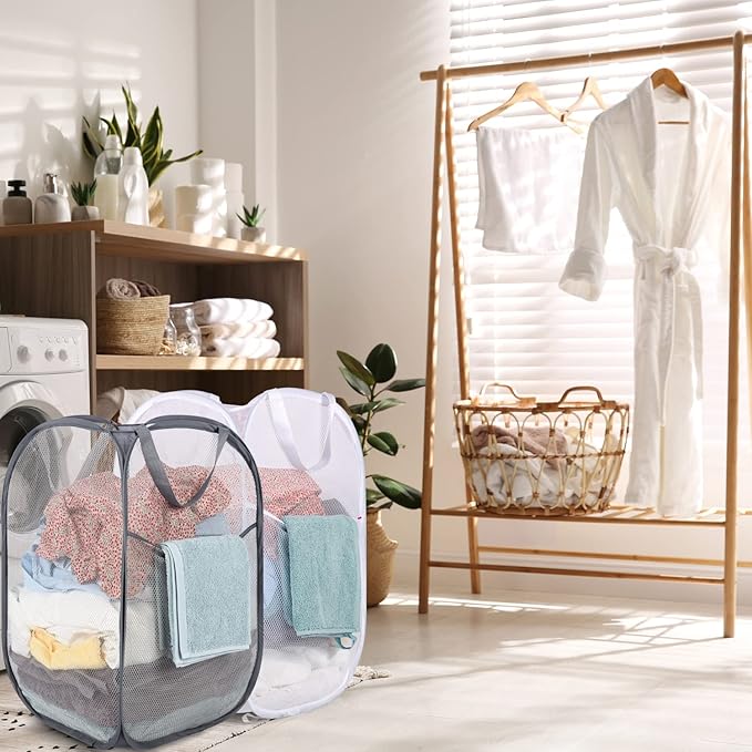 BATTOO Deluxe Strong Mesh Pop up Laundry Hamper Basket with Side Pocket Foldable Hamper for Laundry Room, Bathroom, Kids Room, College Dorm or Travel Grey + White