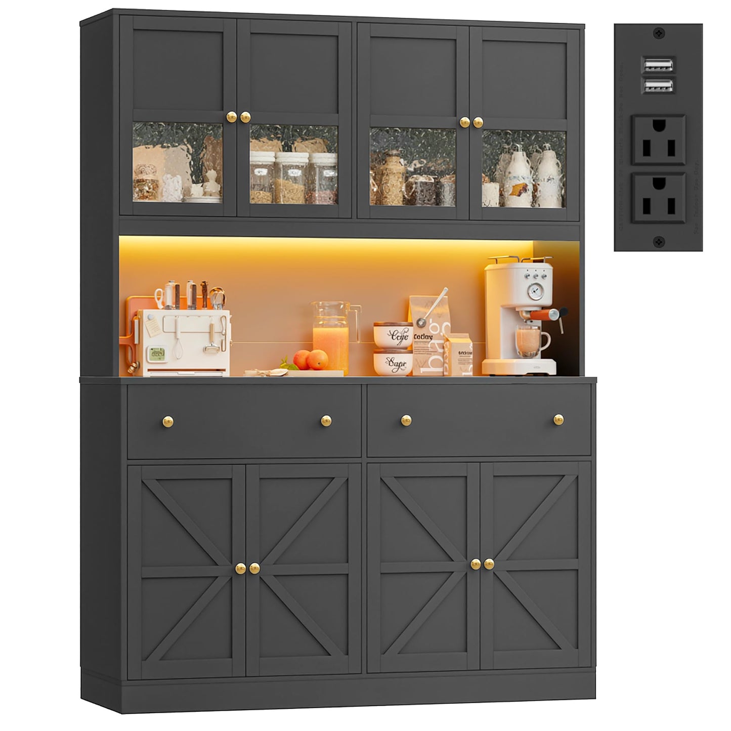 FINETONES 71" Pantry Cabinet with LED Light and Charging Station