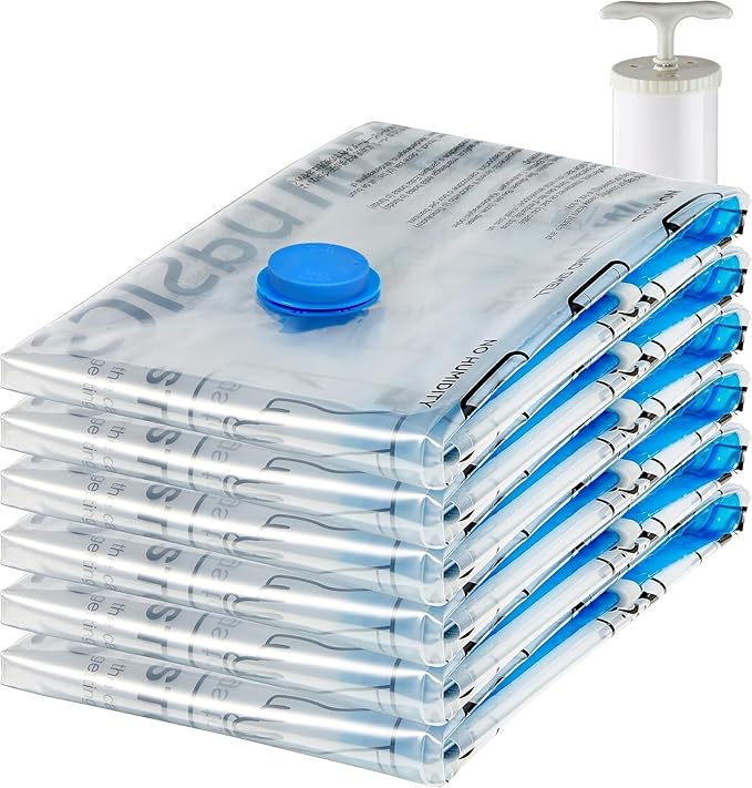 Vacuum Storage Bags, Compression Space Saving for Clothes and Linens, Reusable with Hand Pump, Large, Clear, 5-Pack