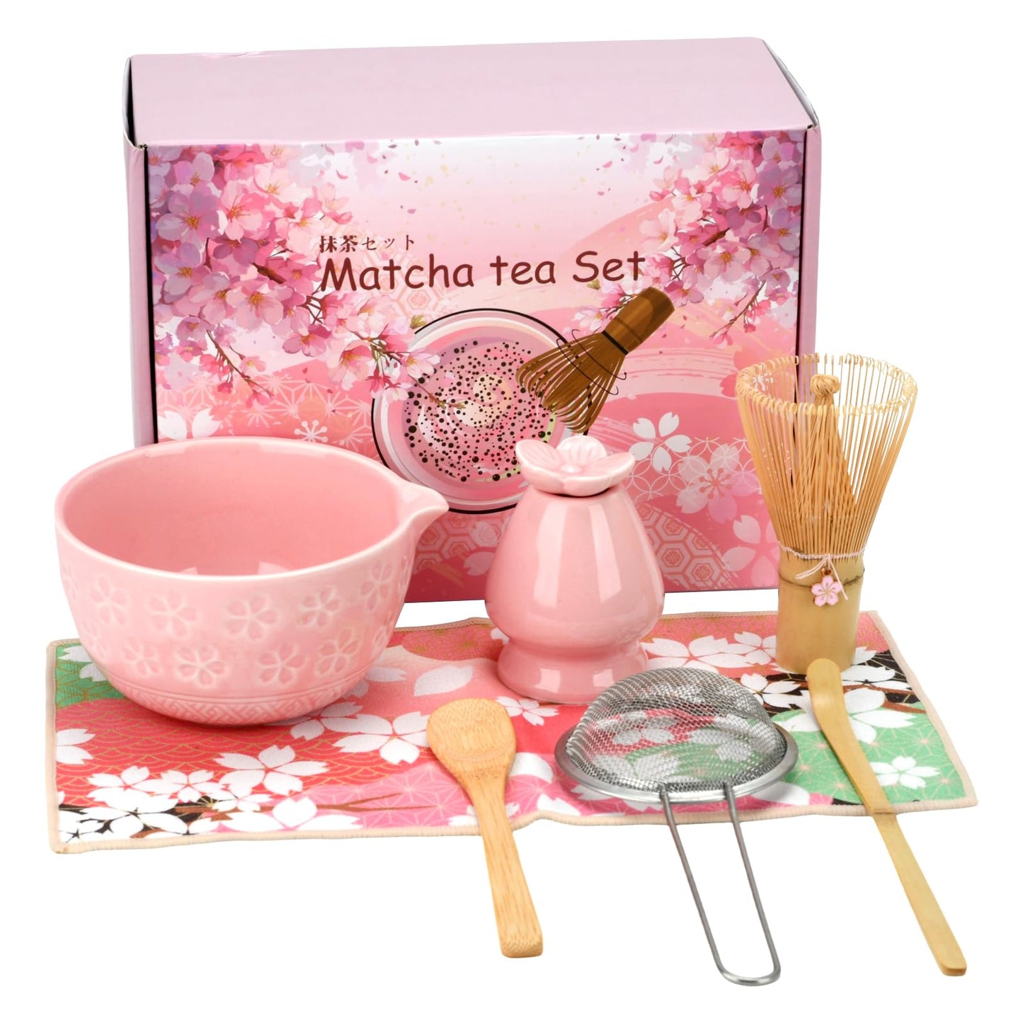 Matcha Whisk Set, Ceramic Matcha Set Includes Matcha Bowl, Bamboo Matcha Whisk and Holder, Bamboo Scoop, Scoop Holder, matcha sifter and Tea Towel - Matcha Kit for Matcha Lovers (Pink)