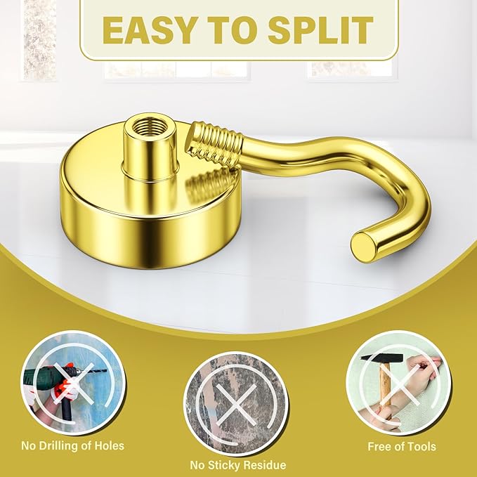 Magnetic Hooks, Heavy Duty Magnets with Hook, 25lbs Magnetic Hooks for Hanging Mugs, Magnetic Cruise Hooks for Cabins, Lock Accessories, Home, Classroom (Gold, Pack of 8)