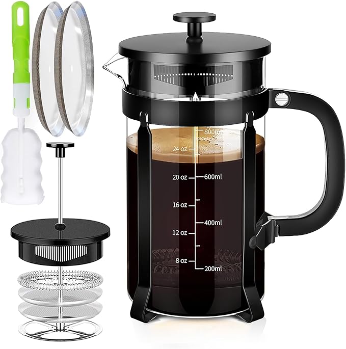 YMMIND 34 Ounce French Press Coffee Maker, 5-Cup Espresso Coffee Maker, Grey Cold Brew Heat Resistant Thickened Borosilicate Coffee Pot with 4 Stainless Steel Filter Screens