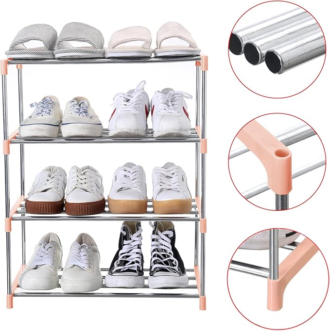 Stackable Small Shoe Rack, Entryway, Hallway and Closet Space Saving Storage and Organization (4-Tier, Pink)