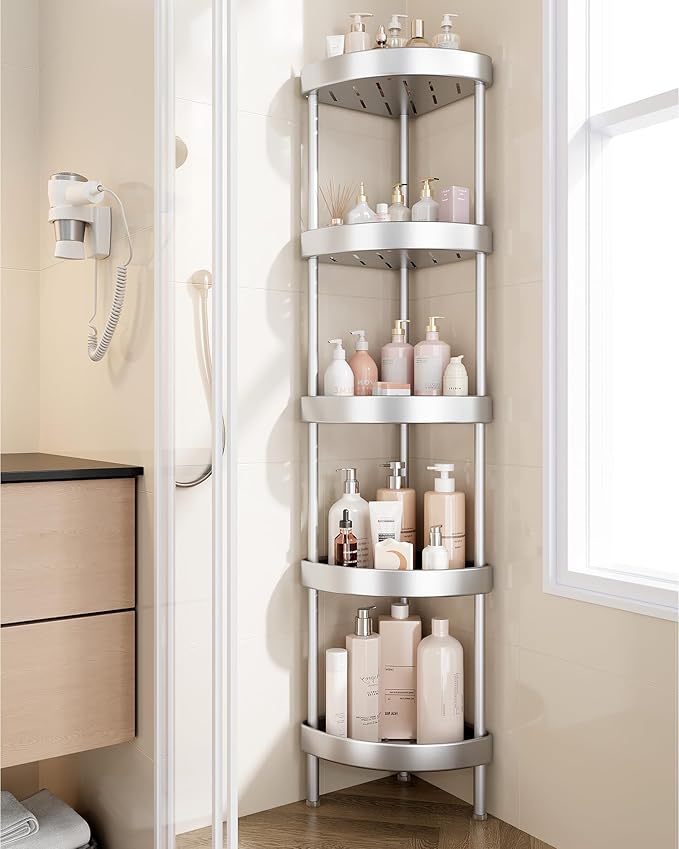 Nieifi Corner Shower Caddy Stand-5 Tier Rustproof Anodized Aluminum Standing Shower Organizer-Shower Caddy Corner-Dual Stability to Anti-Shaking-Height-Adjustable Legs for Uneven Surfaces-Silver