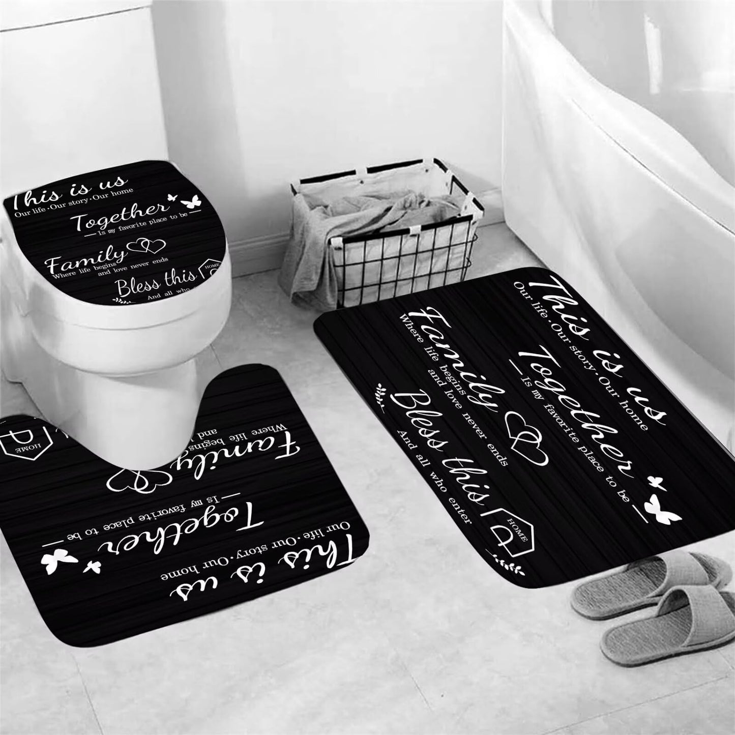 AZHM Family Shower Curtain Set Black Home Bathroom Set with Shower Curtain and Rugs and Accessories Bathroom Decor Curtain with 12 Hooks