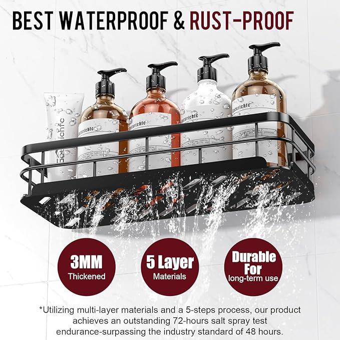 Large Capacity Shower Caddy, Heavy-Duty Adhesive Shower Organizers with Custom Aesthetic Design Soap, No Drilling Corner Shower Shelves, 5 Hooks for Bathroom Accessories, 3 Pack