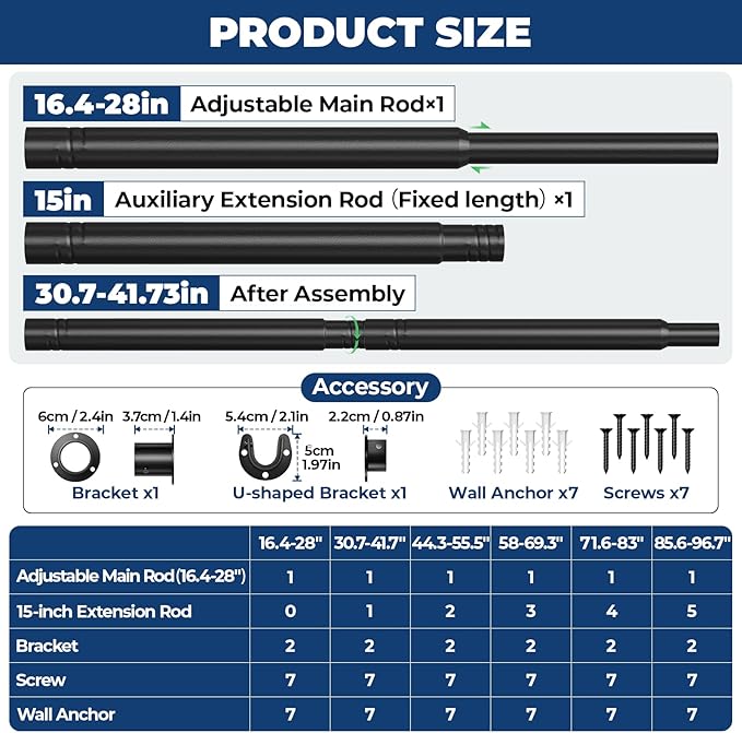Mavivegue Closet Rod, 17 to 43 Inch Adjustable Closet Rods for Hanging Clothes, Heavy Duty Tension Rod, Black Curtain Rod, for Closet, Wardrobes, Bathroom, Laundry