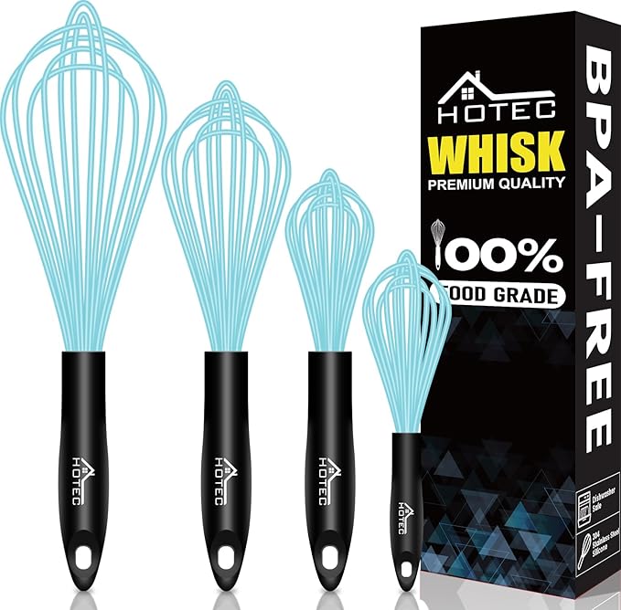 HOTEC 4 Pieces Silicone Whisks Set, Wire Balloon Whisks for cooking Egg Beater, Non-slip Handle Whisk for Non-stick Cookware Perfect for Cooking, Stirring, Beating and Blending,Multicolor