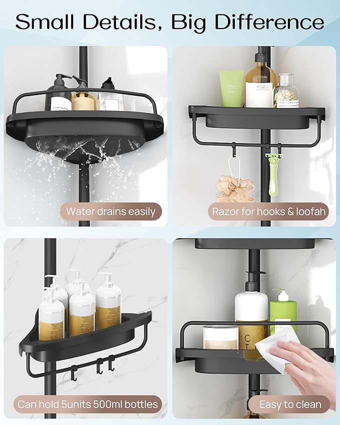 ALLZONE Corner Shower Caddy Tension Pole, Extendable Rustproof Stainless Steel Pole & 4-Tier Adjustable Shelves for Easy Drainage and Built-to-Last Stability, 34 to 116 Inch, Black