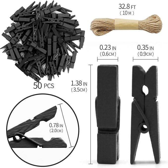 1.35 Inch Mini Clothes Pins for Photo100 Pcs with 32 Feet Jute Twine, Mini Clothes Pins for Crafts, Wooden Small Clothespins for Pictures, Tiny Decorative Clothespins for Baby Shower - Black