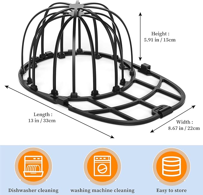 2 Pack Hat Washer Cage for Washing Machine Baseball Cap Washer for Dishwasher, Hat Racks Cleaner Holder for Adults and Kids Ball Hats Cleaning, Black