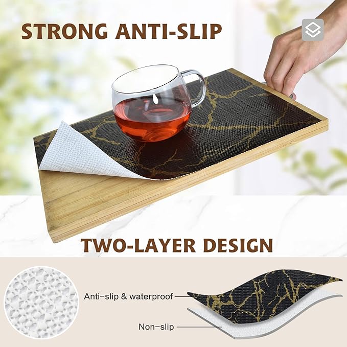 2-Layer Drawer and Shelf Liner for Kitchen Cabinet: 17.3in X 20Ft Non Slip Waterproof Shelf Paper Non Adhesive Refrigerator Liners Black/Gold Marble Easy Liners for Bathroom with Knife Tape Measure