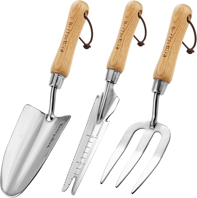 Berry&Bird Garden Tool Set- 3PCS Stainless Steel Gardening Tool Sets with Wooden Handle Trowel Weeding Fork & Digging Shovel Hand Tool Kit for Planting, Ideal Gardening Gift for Women & Men