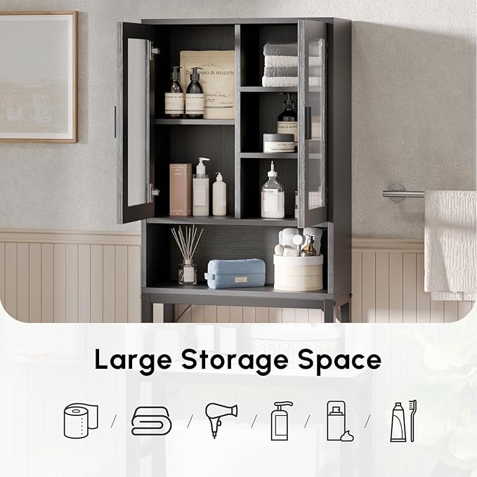 USHOWER Over The Toilet Storage Cabinet, Bathroom Organizers and Storage with Tempered Glass Doors, Thicken Metal Stand & MDF Wood Above Toilet Storage Cabinet, Freestanding Space Saver, Black