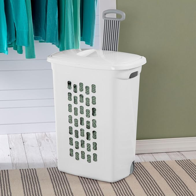 Sterilite 18-Pack Ultra Wheeled Hamper, Laundry Basket w/Flip-Top Lid & Retractable Handle - Plastic Rolling Clothes Storage Cart with Ventilated Holes for Home, Apartment or Dorm