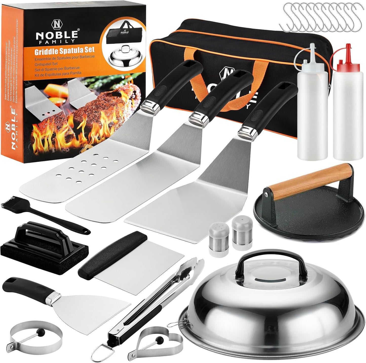N NOBLE FAMILY 27 PCS Griddle Accessories Kit, Flat Top Grill Accessories Set for Camping, Professional Griddle Spatula Set with Melting Dome, Burger Press for Outdoor BBQ Teppanyaki