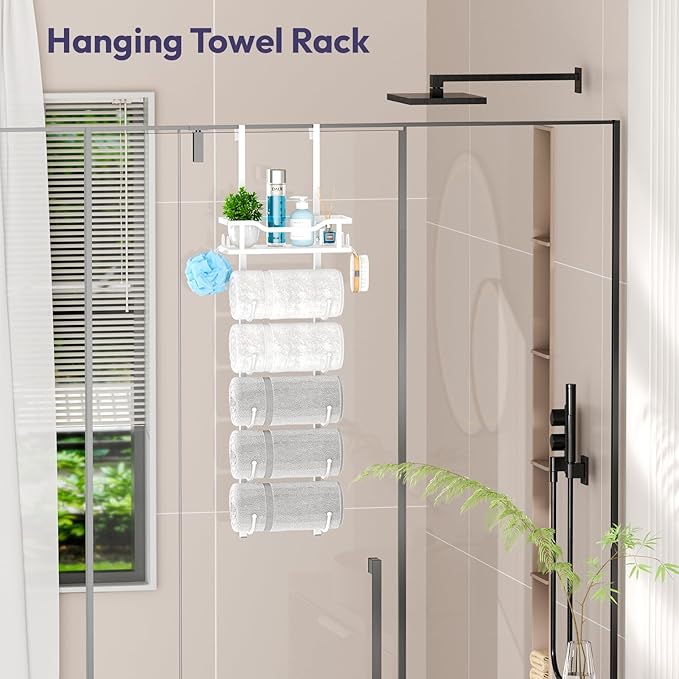 SWTYMIKI Over The Door Towel Rack - 6 Tier Towel Racks for Bathroom Wall Mounted, Towel Holder with Shelf, Hanging Rolled Towel Storage Organizer for Small Bathroom, Camper, RV, White