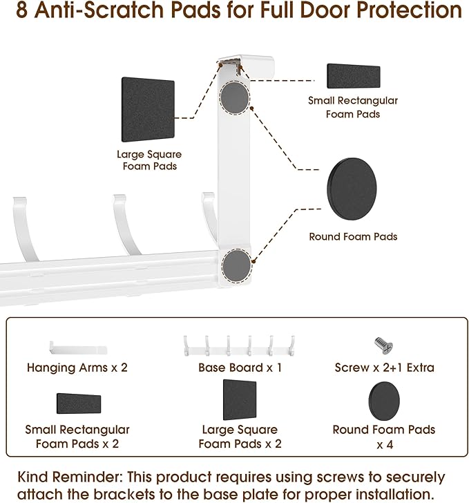 Over The Door Hooks Hanger with Extended Arms, Fit 1 3/8" Door, Tool-Free Assembly, F7U, Towel Rack Organizer Holder - Glossy White