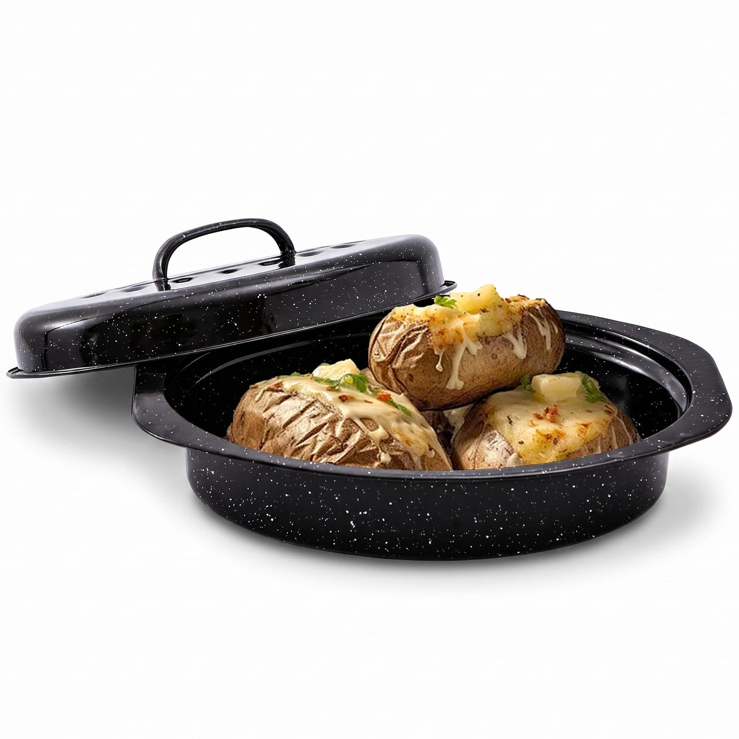 13” Enamel Roaster With Lid Oval Roasting Pan For Oven,Turkey Roaster Pot Broiler Pan Chicken Vegetables Suitable For Dining With Two People High Cookware Small Baking Pan