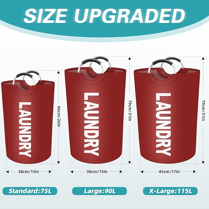 StorageRight 75L Large Laundry Basket, Laundry Hamper, Dirty Clothes Hamper for Laundry, Collapsible, Waterproof Laundry Baskets with Foam Protected Aluminum Handles for Laundry, Dorm, Family (Red)