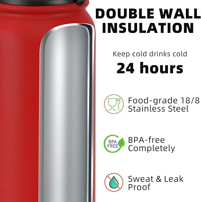 Fanhaw 24 oz Insulated Stainless Steel Water Bottle with Anti-Dust Chug Lid, Leakproof Vacuum Metal Bottle for Kids, Women & Men (Red)