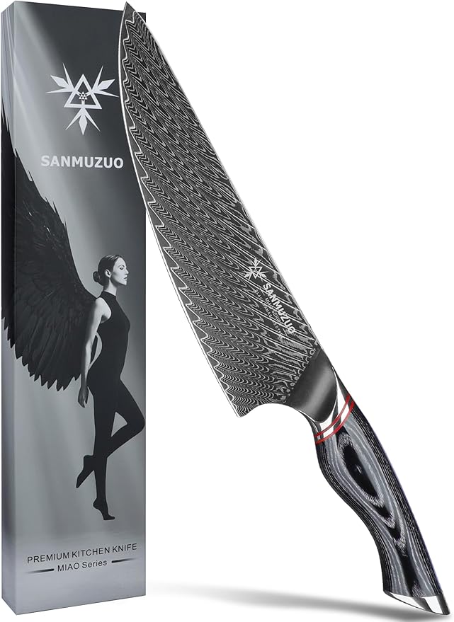 SANMUZUO 7 Inch Meat Cleaver Knife - Chinese Kitchen Vegetable Cleaver - Black Damascus Steel with Ergonomic Handle - MIAO Series