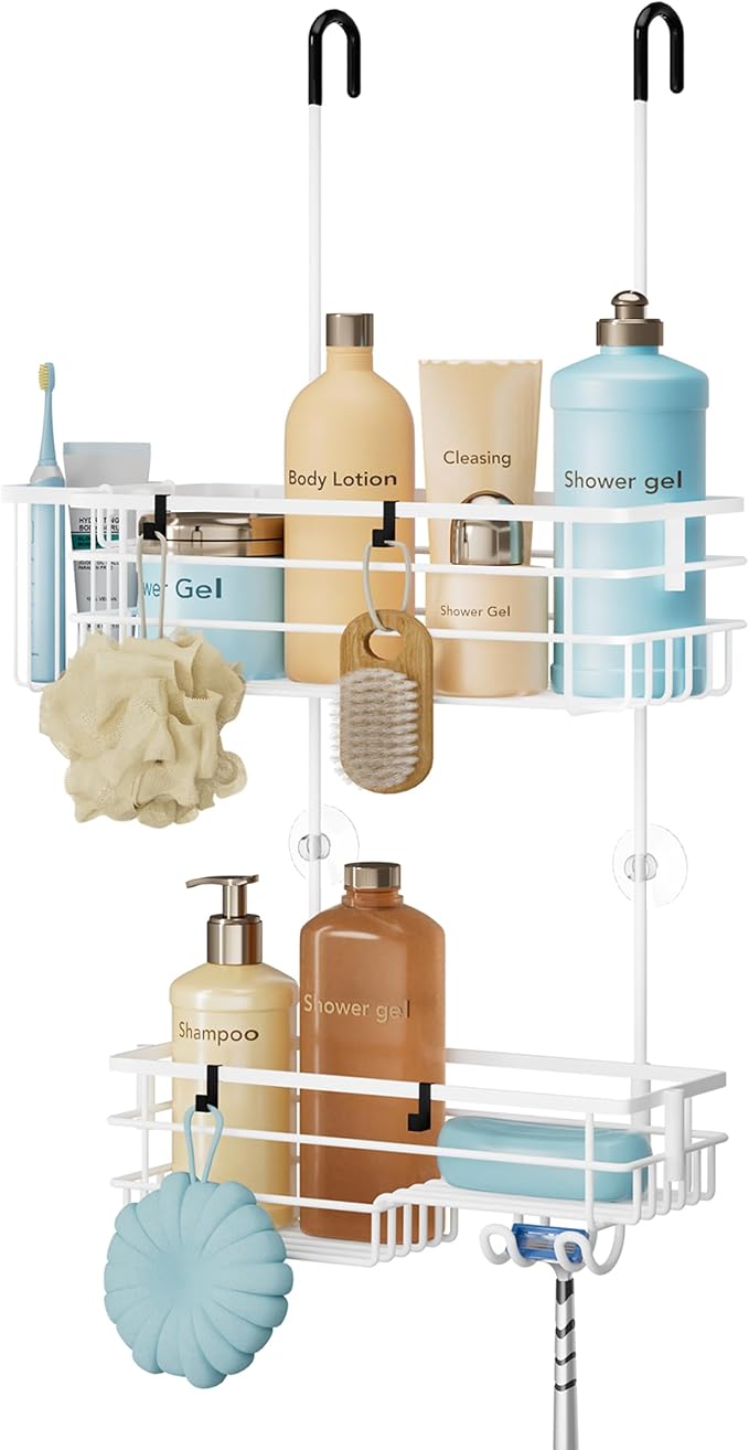 HapiRm Hanging Shower Caddy Organizer - No Drilling Shower Shelves with Hooks and Toothbrush Holder, Rustproof 304 Stainless Steel Bathroom Organizer - White