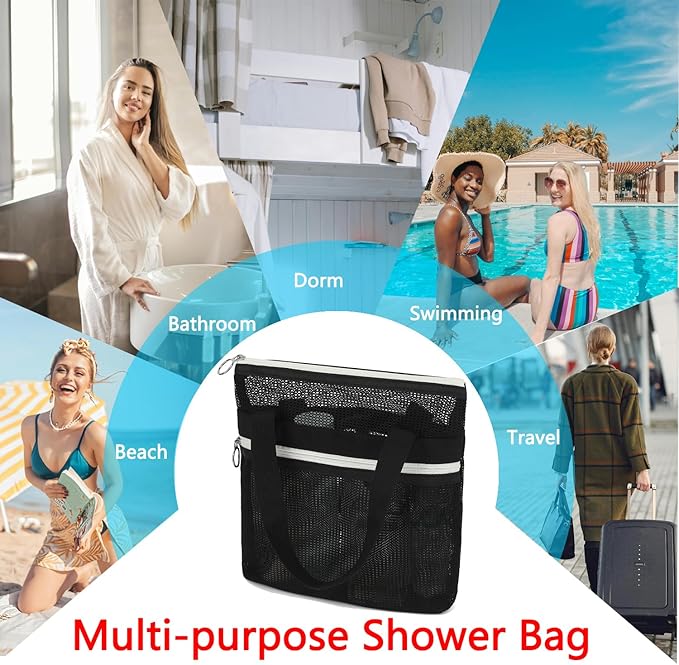 Mesh Shower Caddy Portable with Zipper & 2 Pockets - Quick Dry Shower Bag Toiletry Tote Hanging for Travel Gym Camp Beach - Organizer Bag Bathroom Essentials for College Dorm