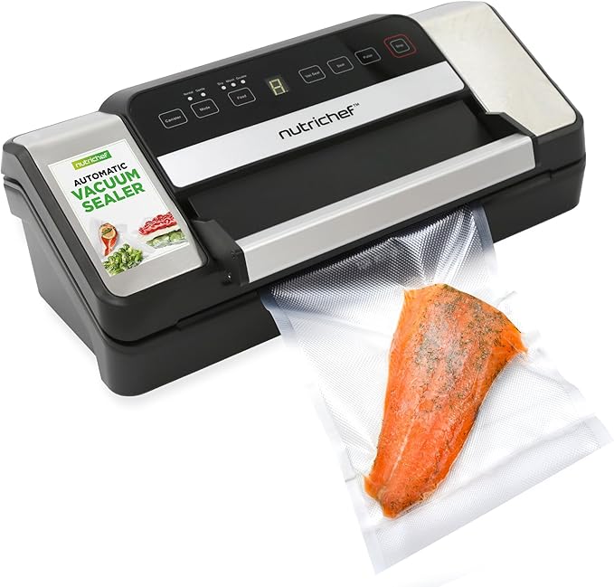 NutriChef Stainless Steel Vacuum Sealer For Food - High-Power Machine with Adjustable Suction, Dry & Moist Modes, LED Lights, Bags, Wine Stopper & Hose, Easy Plug-in Design, Lab-Tested Food Storage