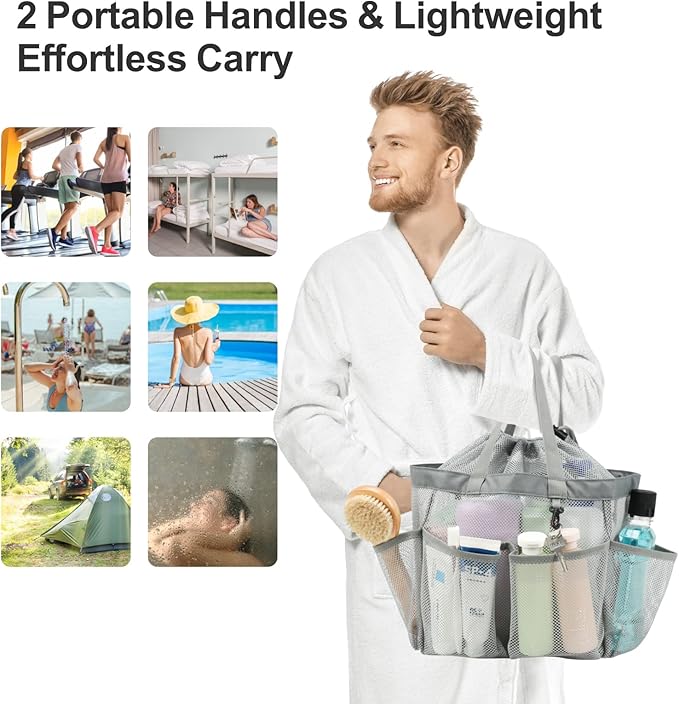 F-color Mesh Shower Caddy Portable with Drawstring - Large 8 Pockets Dorm Room Essentials for Guys Girls with S Hook, Shower Bag Basket Tote for College Camping Gym Travel Toiletry Bathroom, Grey