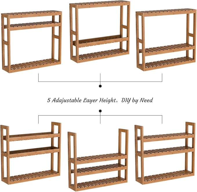 Domax Bamboo Bathroom Shelf 3-Tier Wall Mount Storage Rack Multifunctional Adjustable Layer Free Standing Over Toilet Utility Shelves Living Room Kitchen (Walnut)