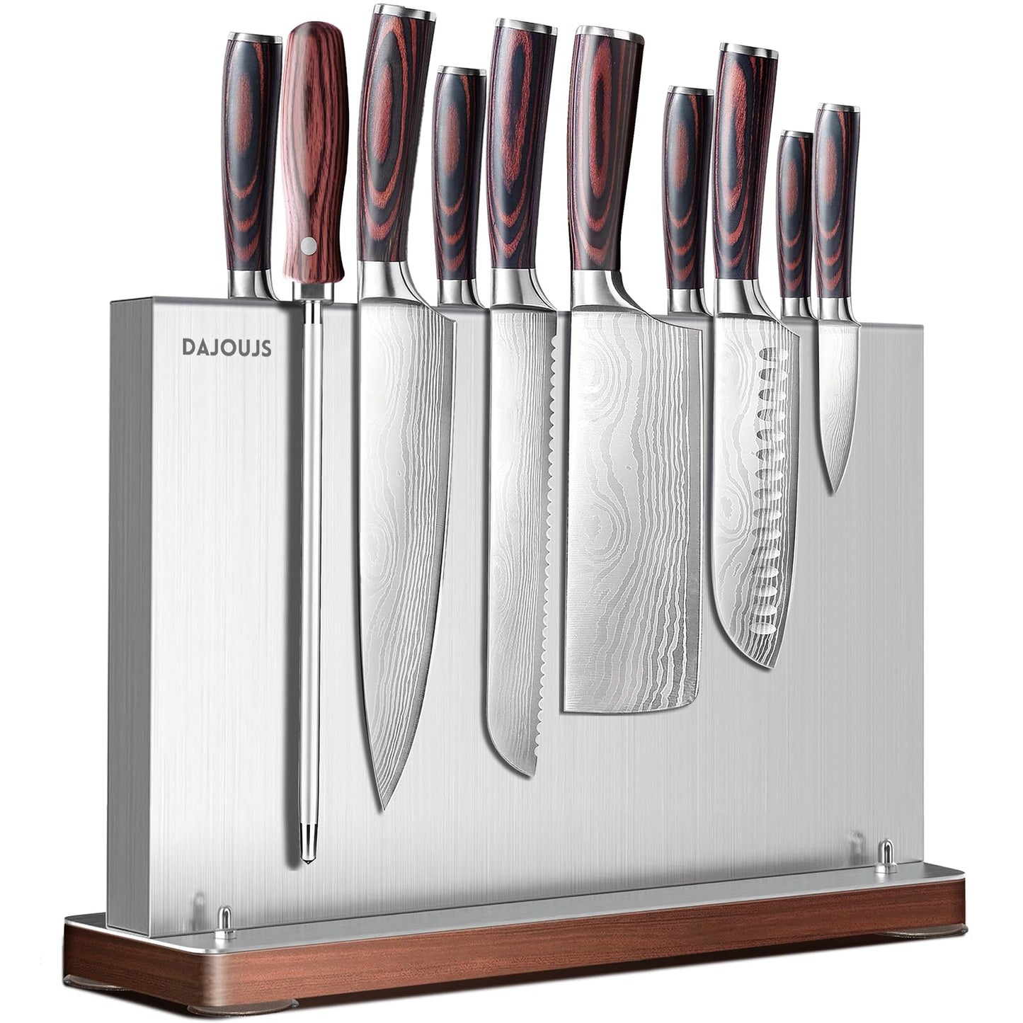 Magnetic Knife Holder, Stainless Steel Magnetic Knife Block without Knives, Strong Double Sided Magnet Knife Storage Strip with Wood Base for Kitchen Counter-Silver