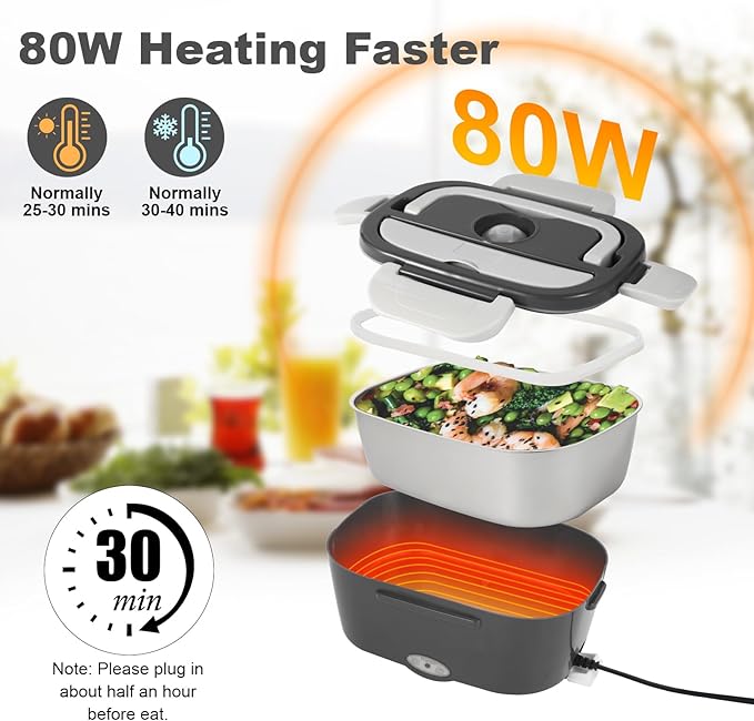 Electric Lunch Box, 12V/24V/110V Portable Food Warmer with SS Fork & Spoon for Car/Truck/Office, 80W Self Heating Lunch Box with 1.5L 304 Stainless Steel Container & 0.45L PP Fruit Box Beige