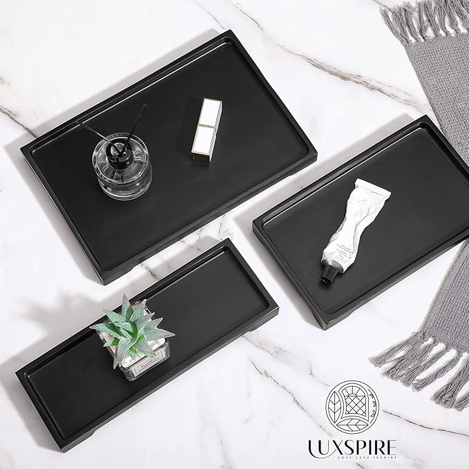 Luxspire Vanity Tray, 6"x 10" Rectangle Bathroom Tray, Toilet Tank Tray, Resin Kitchen Tray Decorative Jewelry Tray, Vanity Countertop Organizer Bathroom Accessories, Medium, Matte Black