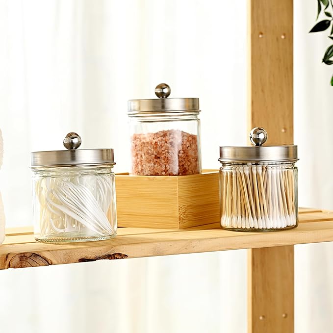 SheeChung Bathroom Organizers and Storage - 1Pack Qtip Holders Bathroom Canister Apothecary Jars for Cotton Swabs, Rounds, Balls, Qtips,Makeup Sponges, Flossers,Bath Salts - Brushed Nickel