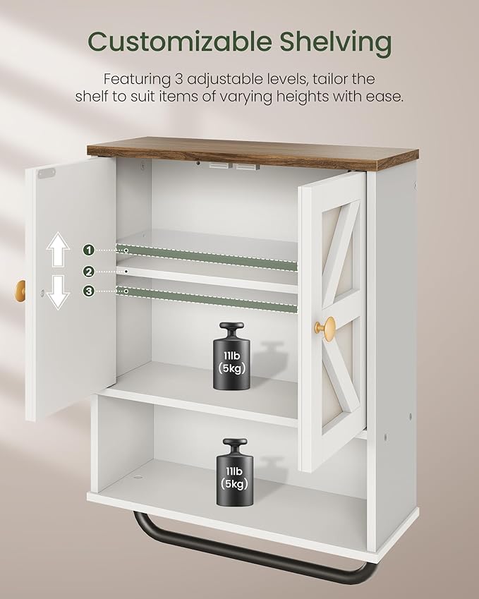 Bathroom Wall Cabinet, Medicine Cabinet with Open Partition and Towel Bar, Rustic Storage Cabinet with Open and Hidden Storage Space, for Bathroom, Living Room, Kitchen, White and Walnut