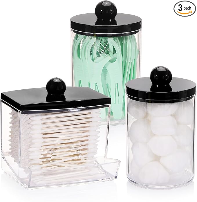 Tbestmax 10oz Cotton Ball Holder Qtips Dispenser, Bathroom Container Organizer for Storage Cotton Swabs, Pads - Apothecary Jar with Black Lids