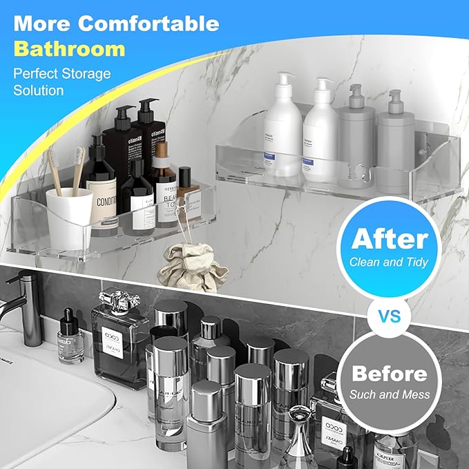 Acrylic Shower Shelves 3 Pack, Clear Adhesive Shower Organizer - No-Drill Wall Mount Storage Rack, Versatile Caddy for Bathroom & Kitchen (Transparent)