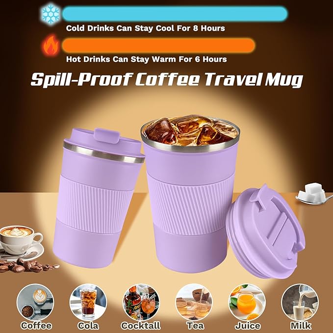 Vacuum-Insulated Stainless Steel Travel Coffee Mug, Leak-Proof Reusable Coffee Cup with Lid - Keep Hot & Cold Drinks for Hours, Durable Insulated Tumbler for Men & Women(3rd-Purple, 12OZ)