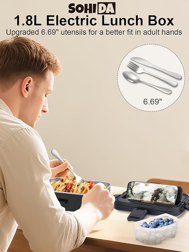 1.8L+0.5L Heated Lunch Box for Men, 80W Electric Lunch Box with Long-handled Utensils for Adults, 12V/24V/110V Lonchera Eléctrica Portátil, Portable Food Warmer for Car/Truck/Office (Black)